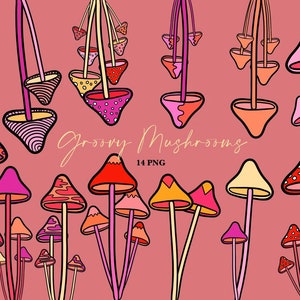 mushrooms clipart, hippie mushroom clip art, psychedelic mushroom set, commercial use clipart, hippie retro clipart download