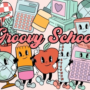 Hippie school clipart, groovy school clip art, retro school png, retro figuur, Apple guy png, computer png, onbeperkt commercieel gebruik, pen
