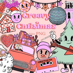 Imágenes prediseñadas de Navidad hippie, imágenes prediseñadas de Navidad Groovy, imágenes prediseñadas de Navidad retro, imágenes prediseñadas de Navidad boho, imágenes prediseñadas de Navidad de los años 90, uso comercial