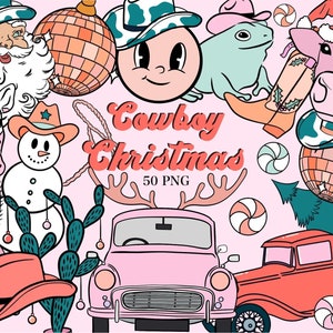Clipart de natal de cowboy, clipart de natal boho, natal hippie png, caminhão de natal png, boho santa png, árvore de natal png, funky