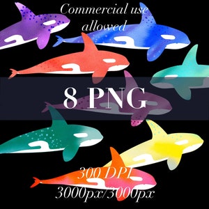 orca clipart, orca png, orca whale svg, watercolor orca, watercolor whale png, pink orca, commercial use, unlimited, mint orca, blue, yellow