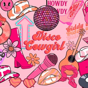 Let's go Mädchen hochauflösende PNG digitales Design Retro Cowgirl Hut  Discokugel rosa Sublimation und mehr -  Österreich