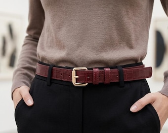 Burgundy Croco Leather Belt: Handmade Women's Belt with Gold or Silver Buckle