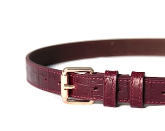 Burgundy Croco Leather Belt: Handmade Women's Belt with Gold or Silver Buckle
