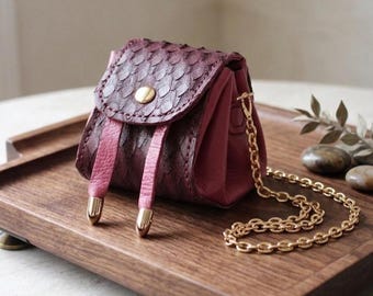 Burgundy Leather Mini Pouch Bag – Handmade Drawstring Crossbody Purse