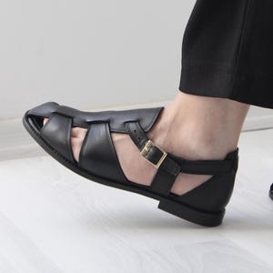 Black Women's Leather Sandals – Premium Quality Handmade Flat Sandals, Comfortable Closed Toe Shoes for Summer