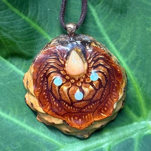 May include: A pendant featuring a polished, brown, textured organic shell base with a teardrop-shaped iridescent stone at the top and three small, round, light blue cabochon stones embedded in the center, suspended from a dark brown cord.