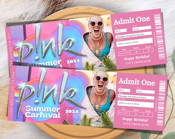 Surprise Pink Summer Carnival Tour 2024 Ticket Stub. Keepsake or Ticket Gift, Pink Ticket Template Instant Download