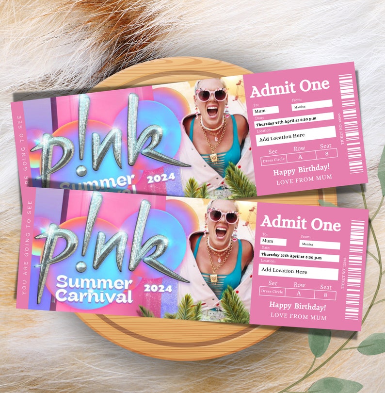 Surprise Pink Summer Carnival Tour 2024 Ticket Stub. Keepsake or Ticket Gift, Pink Ticket Template Instant Download image 1