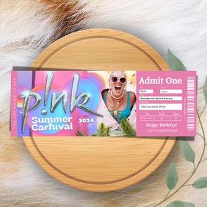 Surprise Pink Summer Carnival Tour 2024 Ticket Stub. Keepsake or Ticket Gift, Pink Ticket Template Instant Download image 2