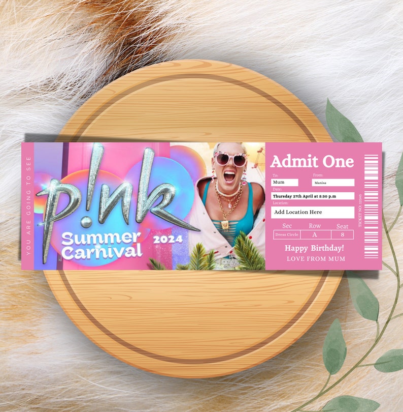 Surprise Pink Summer Carnival Tour 2024 Ticket Stub. Keepsake or Ticket Gift, Pink Ticket Template Instant Download image 2