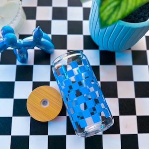 Blue Checkered UVDTF Cup | 16oz Glass Cup | Retro Glass Tumbler