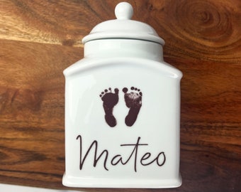 Personalized Ceramic Infant Urn with Custom Footprints and Names - Baby Memorial Keepsake