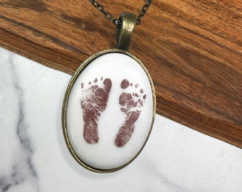 Personalized Baby Feet Memorial Necklace: Sepia Ceramic New Mom Gift