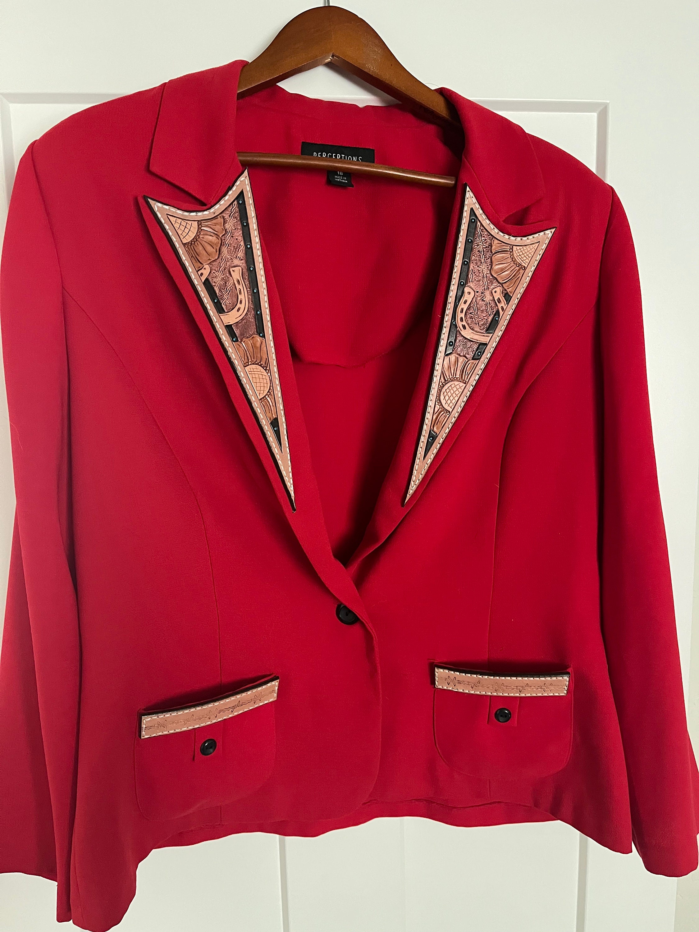 Red Blazer With Custom Leather Etsy