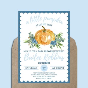 Pumpkin Baby Shower Invitation Boy, Blue Pumpkin Baby Shower, Little Pumpkin on the Way, Fall Baby Shower Invitation Boy (Digital Download)