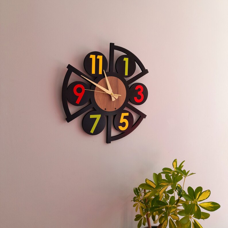 Black Wall Clock With Red Numberslarge Geometric Style Wall Etsy