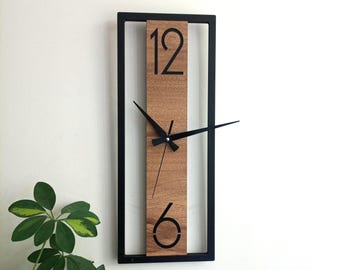 Modern Minimalist Vertical Wall Clock,Wooden,Black and Brown,Decorative Unique Design,Silent NonTicking