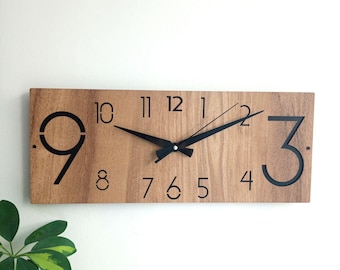 Unique Horizontal Wall Clock,Modern Rectangular Design,Wooden Home Decor,Easy to read,Silent
