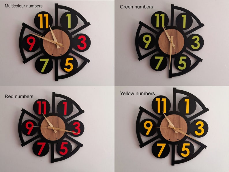 Black Wall Clock With Red Numberslarge Geometric Style Wall Etsy