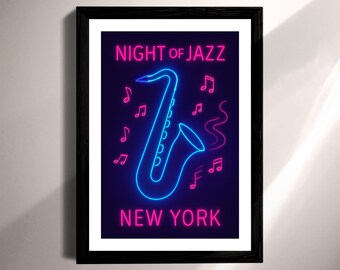 Neon Saxophone Jazz Print | Retro New York Music Poster (Print and Digital)