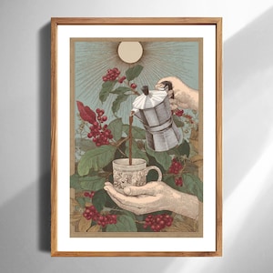 May include: A framed art print featuring a detailed illustration of a silver moka pot pouring dark coffee into a ceramic mug. The scene is set against a backdrop of lush green coffee plant leaves and clusters of red coffee cherries under a pale sun.