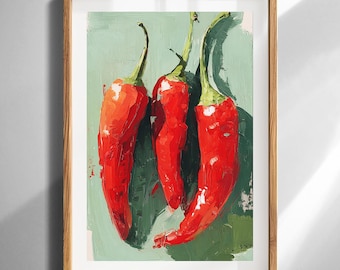 Chili Pepper Küche Wand Kunst Druck Rustikale Bauernhaus Dekor Drei rote Paprika Ölgemälde Illustration auf Fine Art Paper Printable Ungerahmt