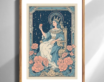Tarot Königin Celestial Queen Kunstdruck Vintage Jugendstil Wand Dekor Illustration Home Decor Geschenk für Astrologie und spirituelle Enthusiasten