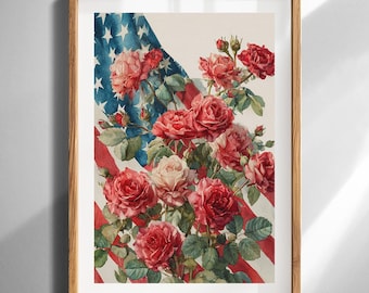 Vintage Rose Aquarell Druck Vintage amerikanische Flagge Floral Wand Kunst digitaler Download für Fourth of Jully Home Dekor Geschenk druckbares Poster