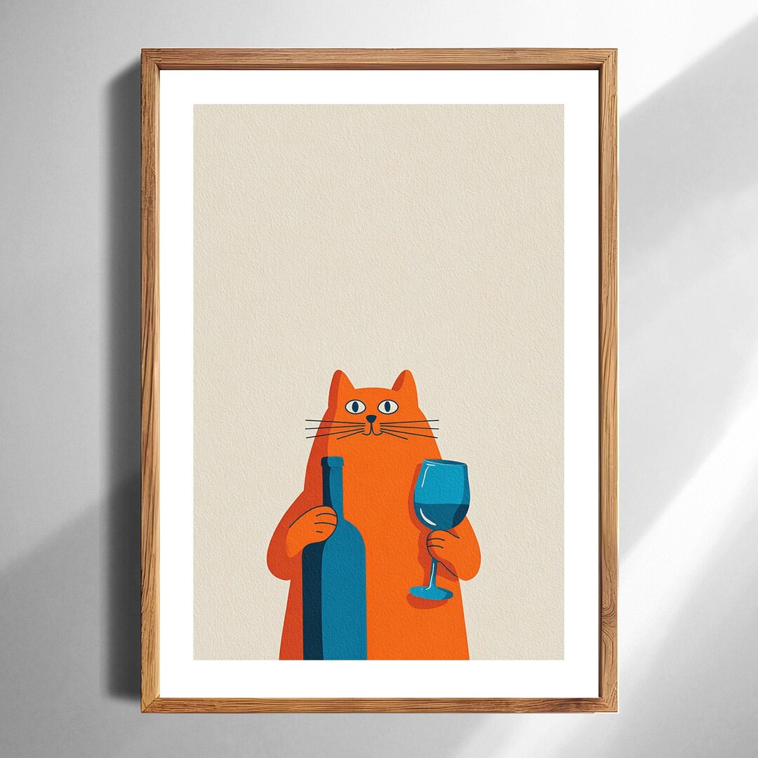 Funny Orange Cat Wine Art Print for Kitchen Wall Decor Modern ...