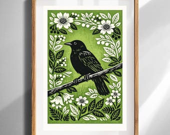 Botanische Krähe Kunstdruck Grüne Blumen Vogel Illustration Hauswanddekoration für Naturliebhaber Einzigartiges umweltfreundliches handgefertigtes Giclée-Druckpapier