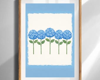 Blaue Hortensie Aquarell Wand Kunst druckbare digitale Download für Kinderzimmer botanische Dekor minimalistische Blumen Illustration Haus Büro Druck
