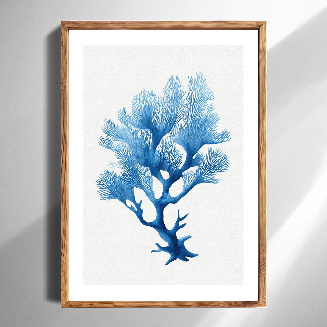 Blue Coral Watercolor Art Print Coastal Ocean Wall Decor Nautical Beach ...