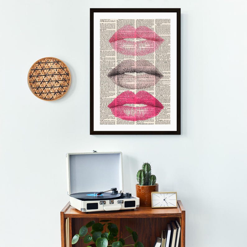 Vintage Newspaper Kiss Print with Pink Lipstick and Eyelash Illustration Romantic Wall Art Decor for Makeup Studio Living Room Modern Print image 8