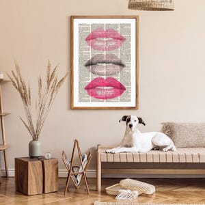 Vintage Newspaper Kiss Print with Pink Lipstick and Eyelash Illustration Romantic Wall Art Decor for Makeup Studio Living Room Modern Print image 7