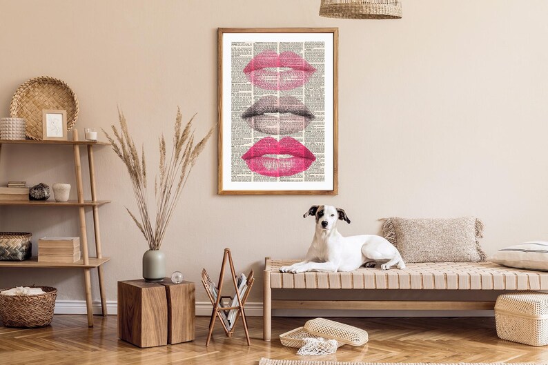 Vintage Newspaper Kiss Print with Pink Lipstick and Eyelash Illustration Romantic Wall Art Decor for Makeup Studio Living Room Modern Print image 7