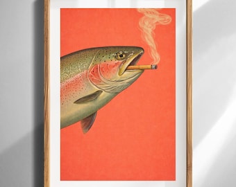 Forelle raucht Zigarette Kunstdruck Vintage Fisch Illustration Wanddekoration für Kabine Mann Höhle Büro Retro Kitsch Poster Druck
