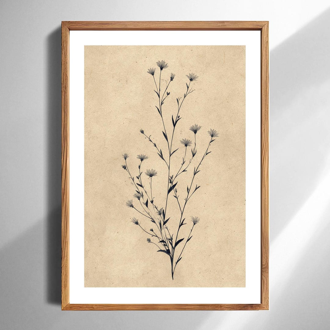Vintage Botanical Wildflower Wall Art Print Neutral Beige Floral Line ...