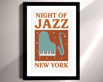 Retro Jazz Night New York Art Print, Minimalist Music Poster (Print and Digital)