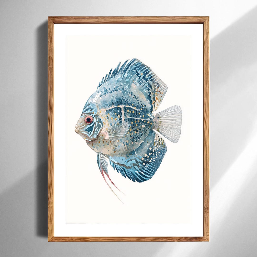 Blue Discus Fish Watercolor Art Print for Ocean Decor Nautical Coastal ...