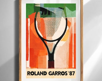 Roland Garros '87 Vintage Tennis Poster Wandkunst Druck Retro French Open Schläger Illustration für Sportraumdekor Geschenk für Tennisfans