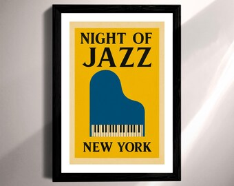 Vintage Jazz Night Poster, Retro New York Piano Art (Print and Digital)