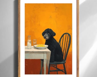 Schwarzer Hund am Esstisch Kunstdruck Hundeliebhaber Küche Wanddekor Spaghetti Mahlzeit Illustration auf lebhaften orangen Hintergrund