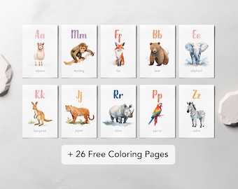 Set of 26 Animal Alphabet Flash Cards, Classroom Decor, Toddler Preschool Early Learning Resource, Nursery Decor Cards, Montessori flashcard