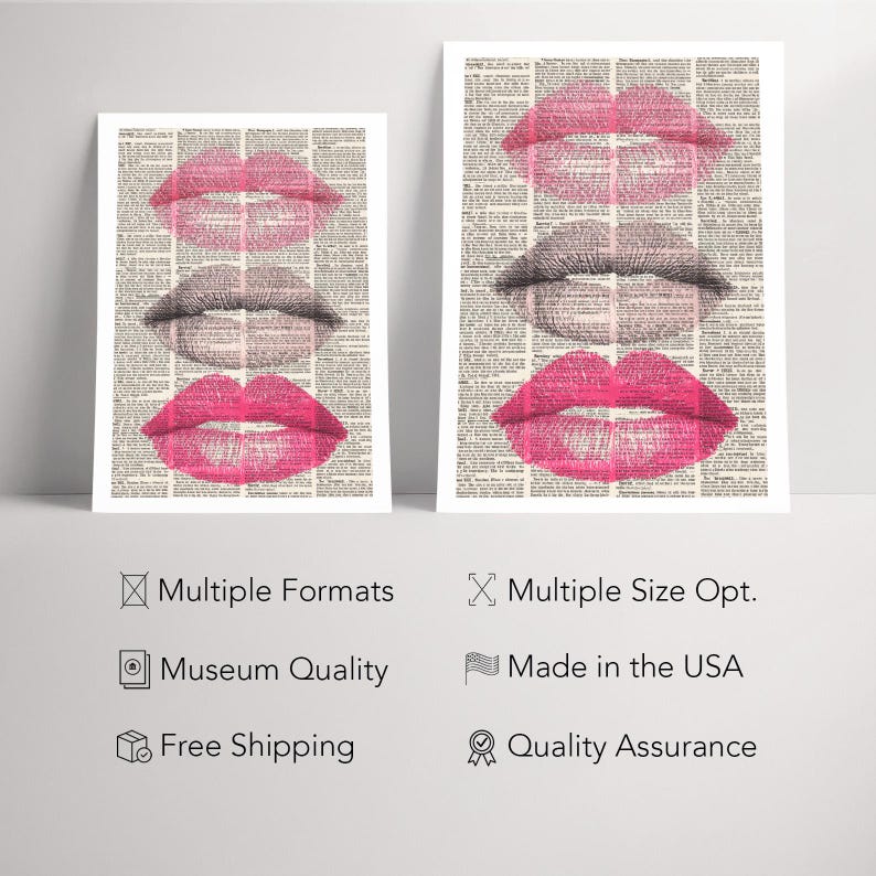 Vintage Newspaper Kiss Print with Pink Lipstick and Eyelash Illustration Romantic Wall Art Decor for Makeup Studio Living Room Modern Print image 6