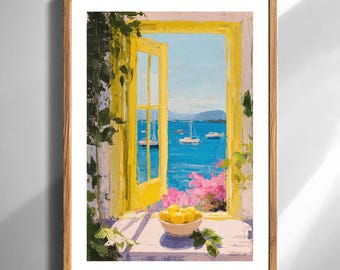 Küsten Fensteransicht Kunstdruck Gelbe gerahmte Zitronenschale Blaue Segelboote Wanddekoration für das Strandhaus Wohnzimmer