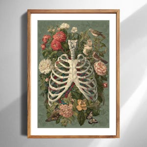 Anatomical Rib Cage Floral Birds Art Print Botanical Vintage Style Anatomy Home Decor Gift for Science Lovers Medical Wall Decor Premium