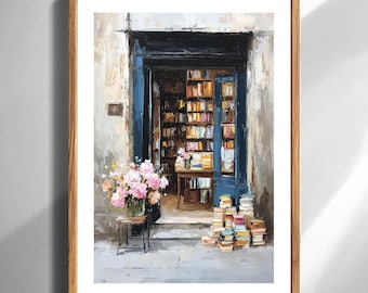 Vintage Buchladen Eingang Kunstdruck für Hausbibliothek Wanddekor Florale Pariser Buchhandlung Illustration Literarisches Geschenk Ungerahmter Kunstdruck