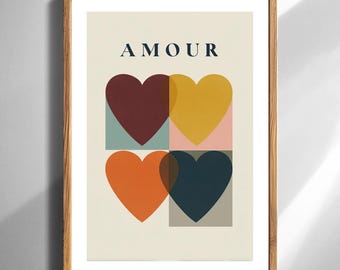 Mid Century Modern Amour Heart Art Print 4 Color Geometric Hearts Wall Decor Romantic Valentines Gift Scandinavian Printable Home Decor