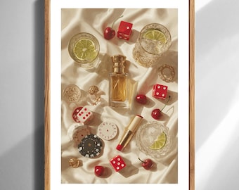 Luxus Kasino ästhetische druckbare Wandkunst digitaler Download Stillleben Dekor Poker Chips Würfel Kirschen Parfüm Lippenstift Kristall Gläser